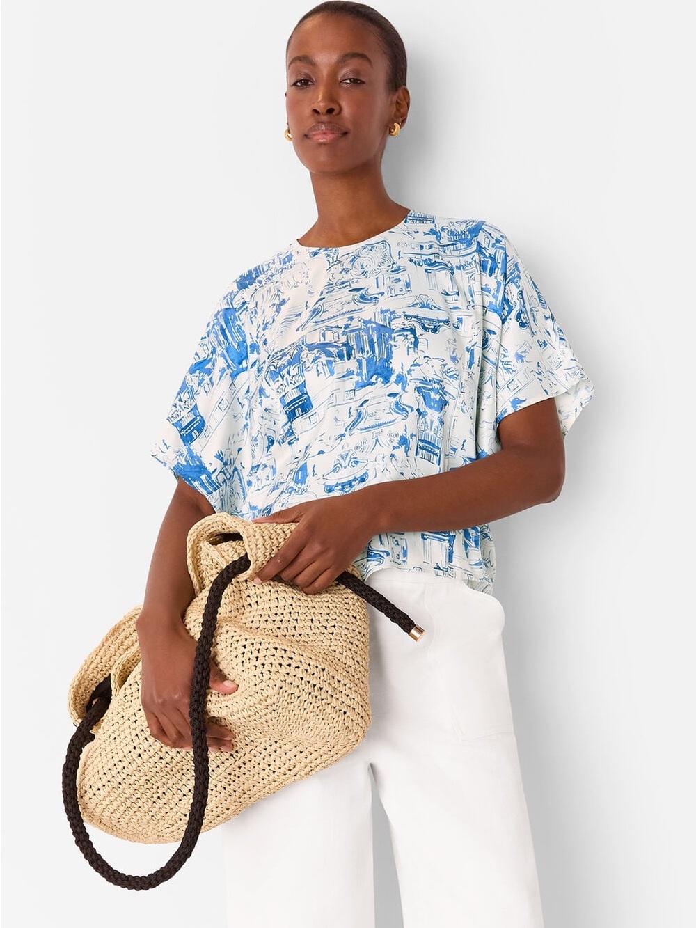 Whistles Rome Blue White Print Short-Sleeve Blouse Size 2